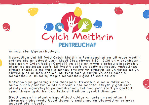 Poster trefniadau cychwynnol o ran ail-agor yr Cylch
