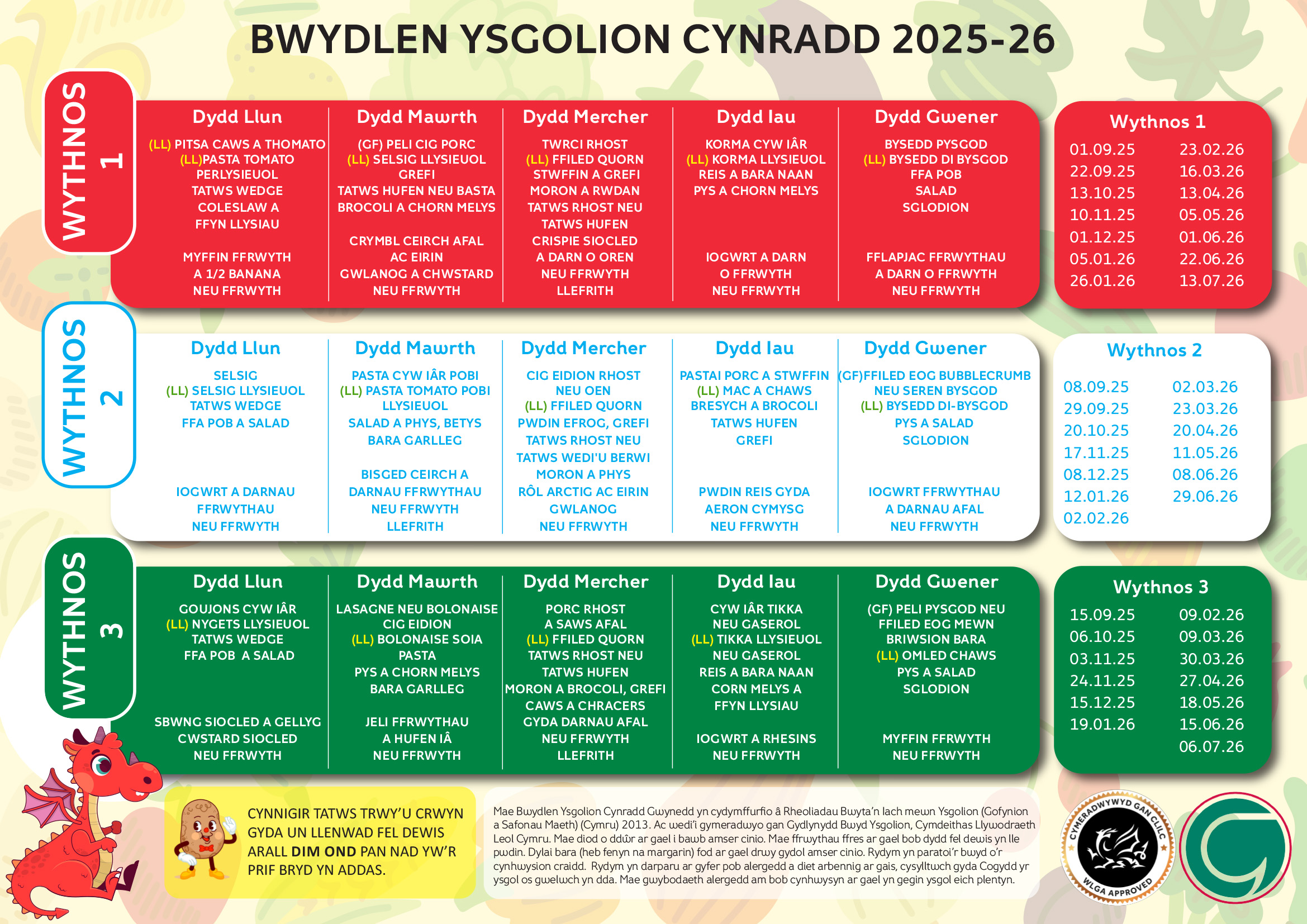 Bwydlen Ysgolion Cynradd 2025-26