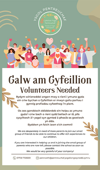 Ysgol Pentreuchaf Volunteers Needed Poster - We are desperately in need of more helpers! If you are interested in joining us please get in touch! 