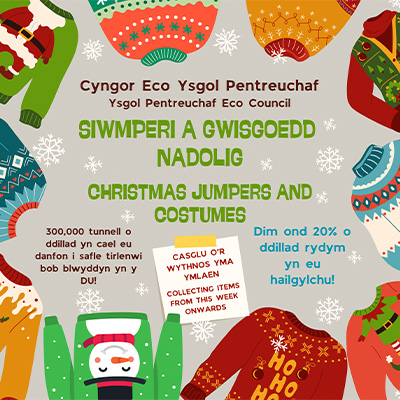 Poster lliwgar Siwmperi a Gwisgoedd Nadolig gyda wahanol fathau o siwmperi